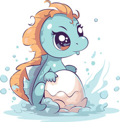 Vector illustration of a cute little dinosaur with a big egg in his hand