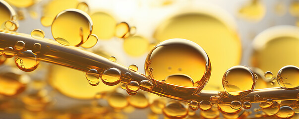 Oil bubbles of yellow and green colour of fresh olive oil. Macro photo.