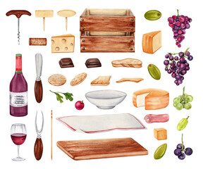 Food and drink menu tasting set with cheese slices, grapes, red wine, olives, crackers, serving board, table cloth, crate, knife and fork. Watercolor illustration isolated on transparent background.
