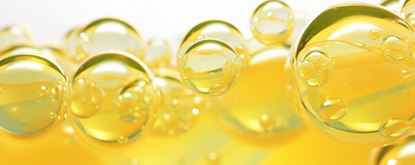 Oil bubbles of yellow and green colour of fresh olive oil. Macro photo.