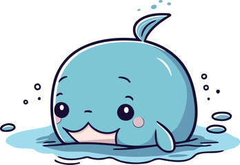 Cute cartoon blue whale swimming in the water. Vector illustration.