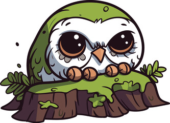 Cute cartoon owl sitting on a tree stump. Vector illustration.