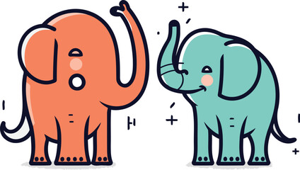 Cute elephant and elephant. Vector illustration in flat line style.