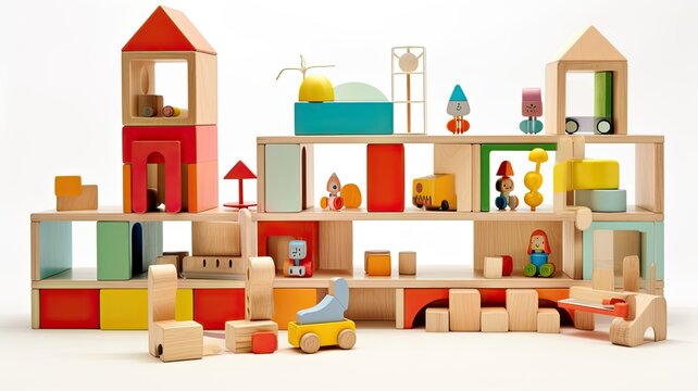 colorful toys and blocks, within a well-lit, modern minimalist children's room.
