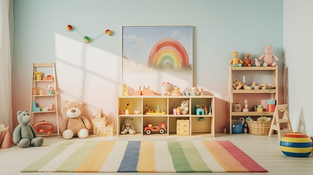 colorful toys and blocks, within a well-lit, modern minimalist children's room.