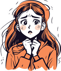 Vector illustration of a girl in a red coat with a sad expression