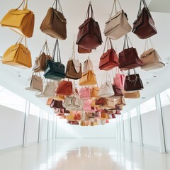 Bags hanging from the ceiling on display in a minimalist room.