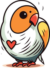 Cute cartoon parrot with heart. Vector illustration isolated on white background.