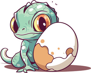 Cute baby lizard with egg on white background. Vector illustration.