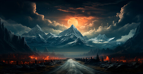 Asphalt road stretching into the distance, mountain snowy landscape - AI generated image - obrazy, fototapety, plakaty