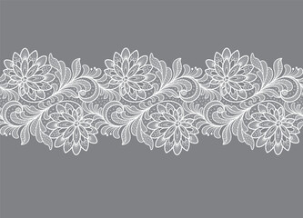 Seamless floral background with white lace leaves and flowers.Vector white lace branches with flowers - obrazy, fototapety, plakaty