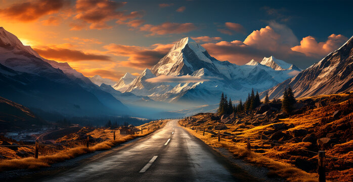 Asphalt road stretching into the distance, mountain snowy landscape - AI generated image