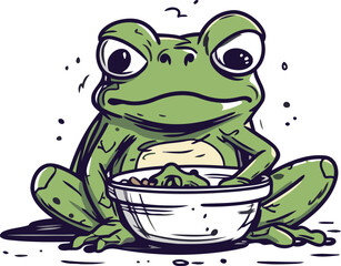 Frog and bowl of salad. Vector illustration in cartoon style.