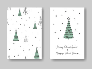 Hand drawn doodle spruce pine fir Bacgrounds set. Cute Xmas holidays card poster social media template. Merry Christmas celebration design element