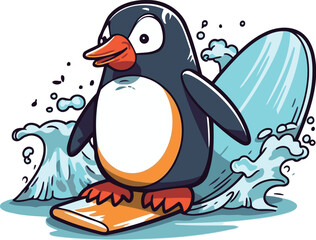 Cartoon penguin surfing on a wave. Vector illustration on white background.