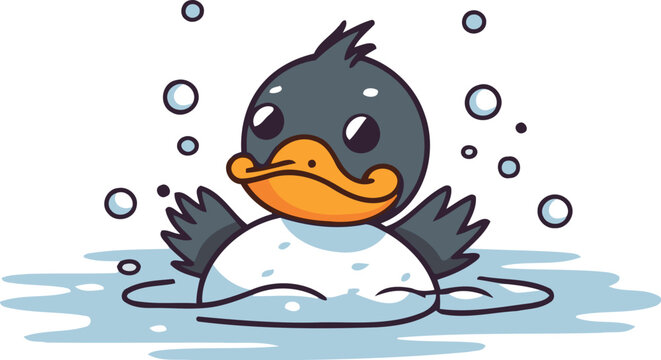 Duck swimming in water. Cute cartoon animal vector illustration.