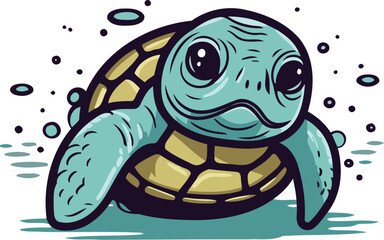 Vector illustration of a cute cartoon sea turtle on white background. Hand drawn style.