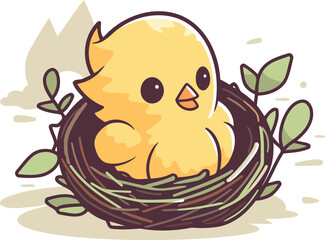 Obraz premium Cute chick in the nest. Vector illustration on white background.