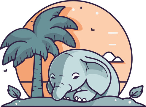 Cute elephant sleeping on the beach with palm trees. Vector illustration.