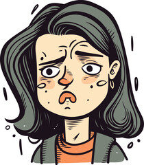 Cartoon illustration of a woman with a sad expression on her face.