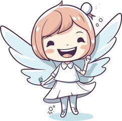 Cute little angel girl with wings. Vector clip art illustration.