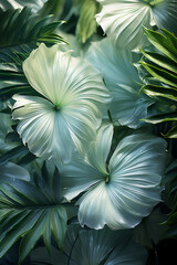 blurry image of palm leaves, white and emerald. AI generative