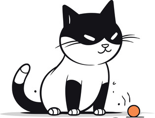 Black cat with a ball on a white background. Vector illustration.