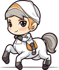 Cute cartoon little girl riding a white pony. Vector illustration.