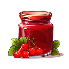 Glass jar for blanks with berry jam and berries with leaves isolated on a white background