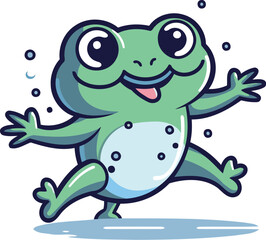 Funny frog running and jumping isolated on white background. Vector illustration.