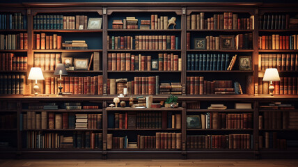 many different books on wooden shelves in library.