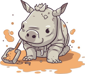 Cartoon rhinoceros with a shovel. Vector illustration.