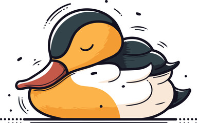 Vector illustration of cute cartoon duck on white background. Line art style.