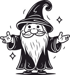 Vector illustration of a wizard in a hat and cloak with a beard