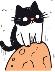 Cute black and white cat sitting on a rock. Vector illustration.