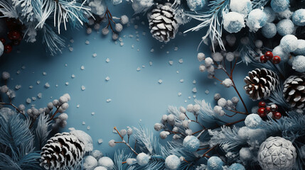 Obraz na płótnie Canvas Christmas background template top view with copy space blue silver color. AI generative