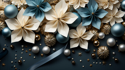 Christmas background template top view with copy space blue silver color. AI generative