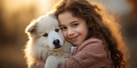A cute little girl cuddles with a white dog outside, embracing