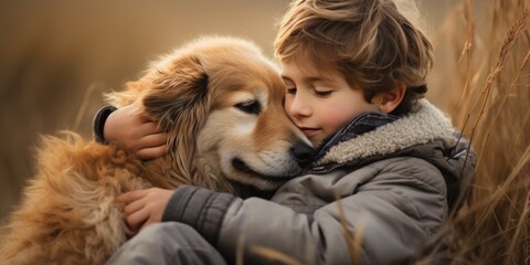 A cute little boy cuddles with a dog outside, embracing