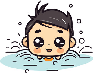 Cute boy swimming in the pool. Vector cartoon character illustration.