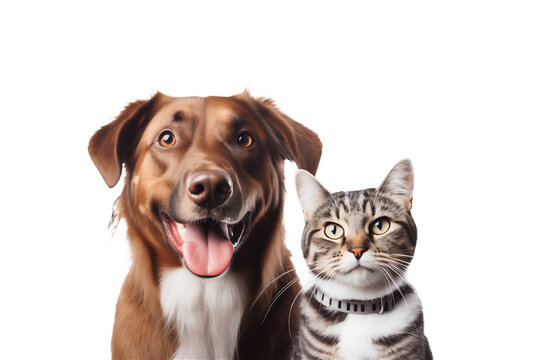  Portrait of a Dog and a Cat that looking at the camera together, on transparent png. Ai generative.