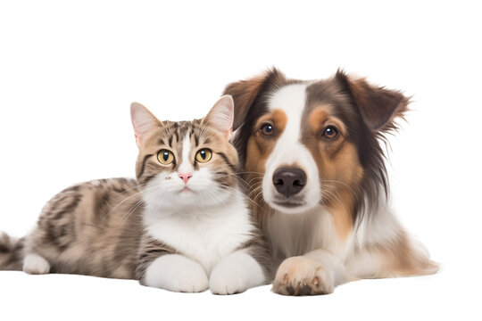  Portrait of a Dog and a Cat that looking at the camera together, on transparent png. Ai generative.