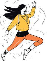 Illustration of a happy girl jumping with her hair flying in the air