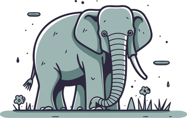 Vector illustration of an elephant standing in the grass and looking at the camera.