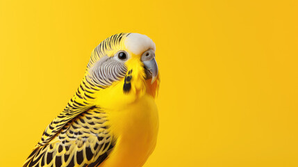 Cheerful yellow budgie portrait, curious gaze, bright yellow background, close-up with feather detail. Budgie Bird.