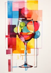 Tapeten Wine Glass Watercolor Painting Colorful on White Cubist De Stijl © Kelly Cree