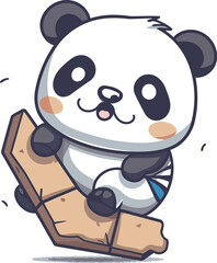 Cute panda sitting on the wooden log. Vector illustration.