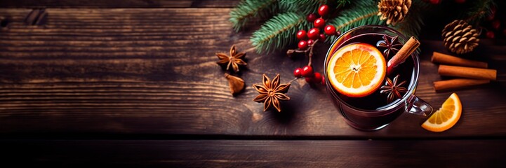 Fresh mulled wine on a wooden table on a backdrop of Christmas lights