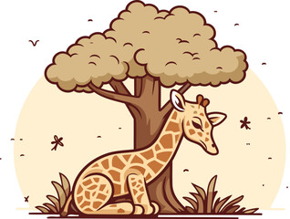 Giraffe sitting on a tree. Vector illustration in cartoon style.
