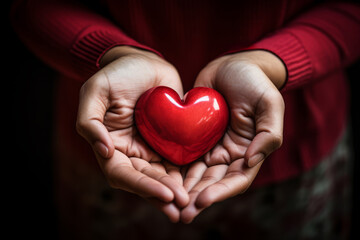 Woman holding red heart in hands. Love, help, social responsibility, donation, charity, volunteering, gratitude, appreciate, giving tuesday, world heart day concept